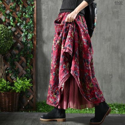 Retro Artistic Floral Slimming Skirt Double Layer Wide Hem Flowy