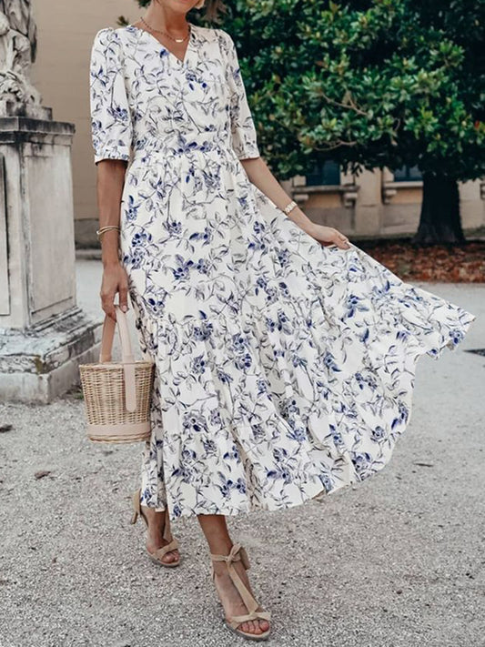Ruched Tiered Floral Half Sleeve Dress