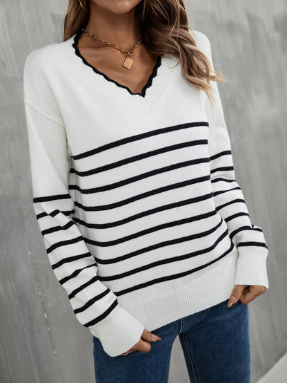 Pullover V Neck Striped Sweater