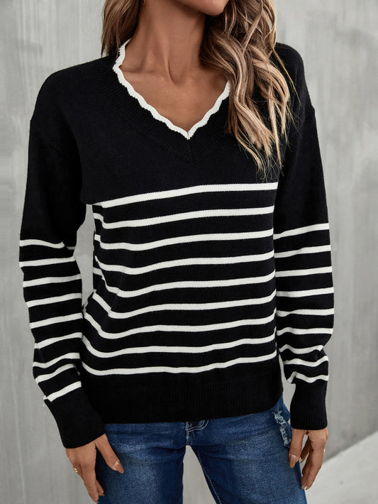 Pullover V Neck Striped Sweater