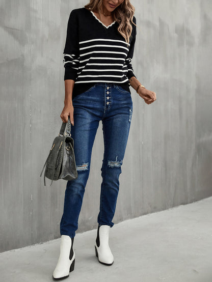 Pullover V Neck Striped Sweater