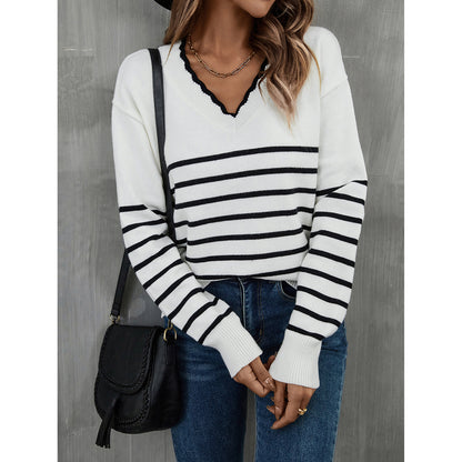 Pullover V Neck Striped Sweater