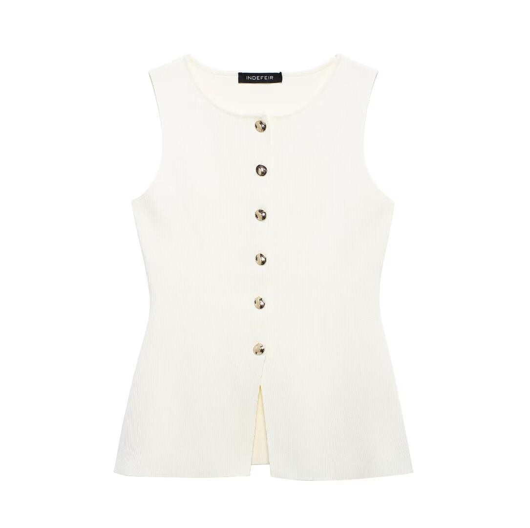 Golden Button Plain Stitch Vest