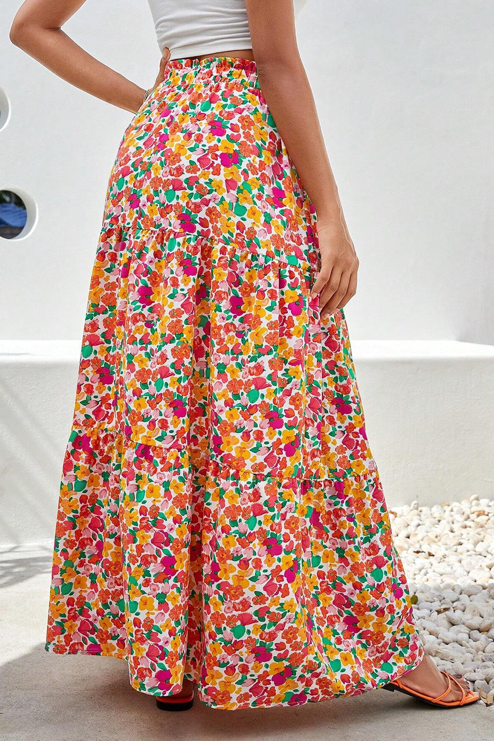 Printed Elastic Waist Maxi Skirt