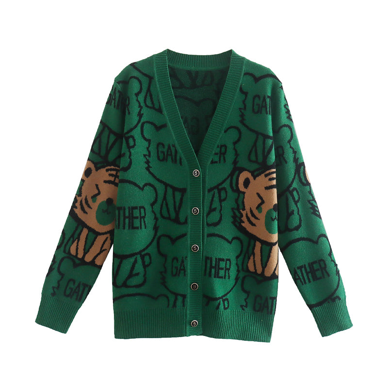 Cartoon Tiger Knitted Cardigan V neck Sweater