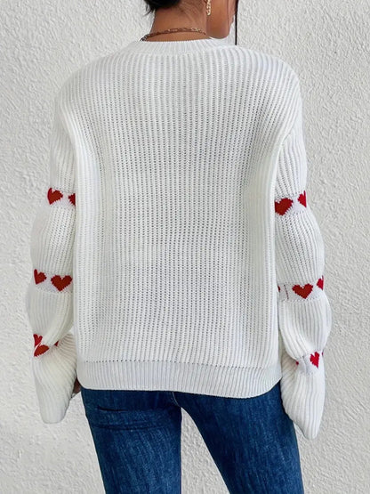 Solid Color Heart Jacquard Pullover Sweater