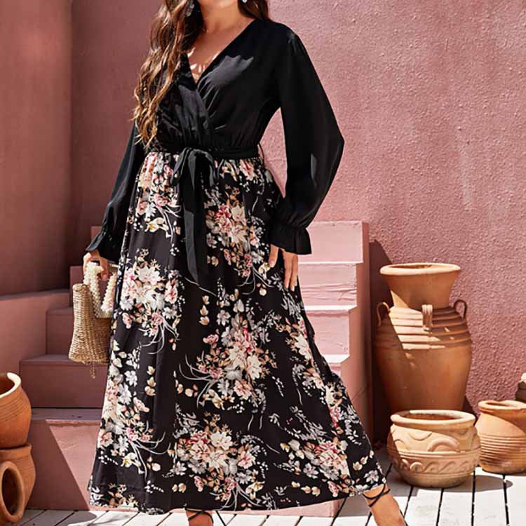 Plus Size Maxi Pullover Chiffon Printed Sexy V Neck Dress