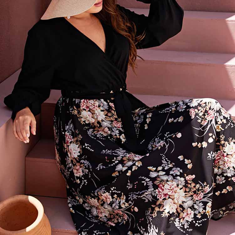 Plus Size Maxi Pullover Chiffon Printed Sexy V Neck Dress