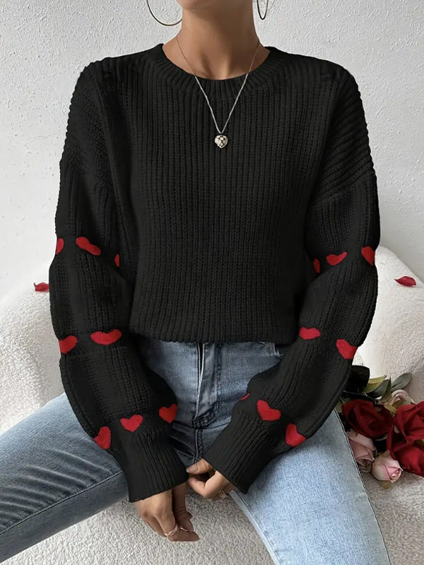 Solid Color Heart Jacquard Pullover Sweater