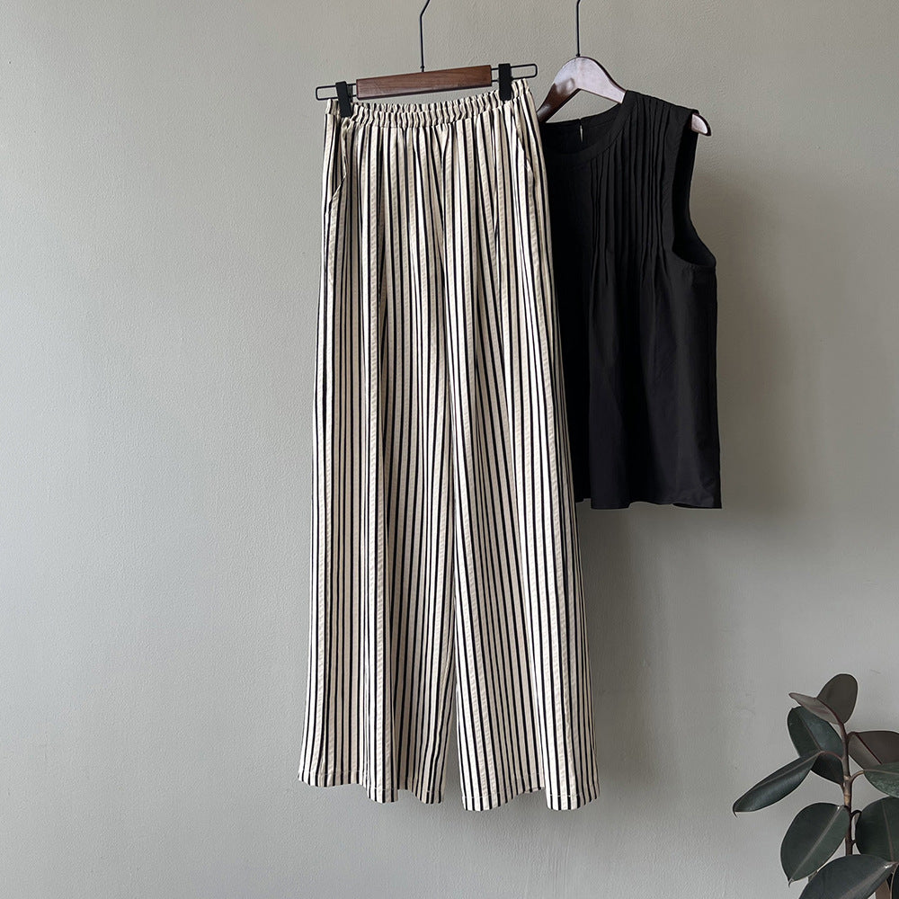 Korean Elastic Waist Striped Wide Leg Trousers