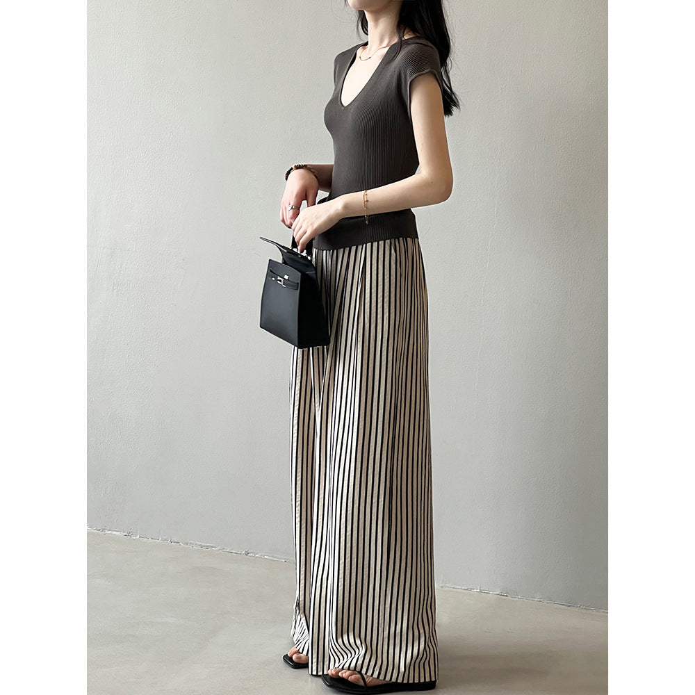 Korean Elastic Waist Striped Wide Leg Trousers