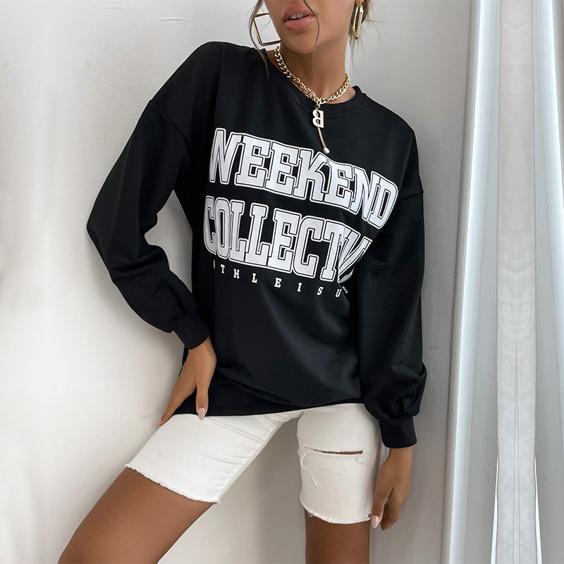 Womens Long Sleeve Letter Graphic Crew Neck Sweater