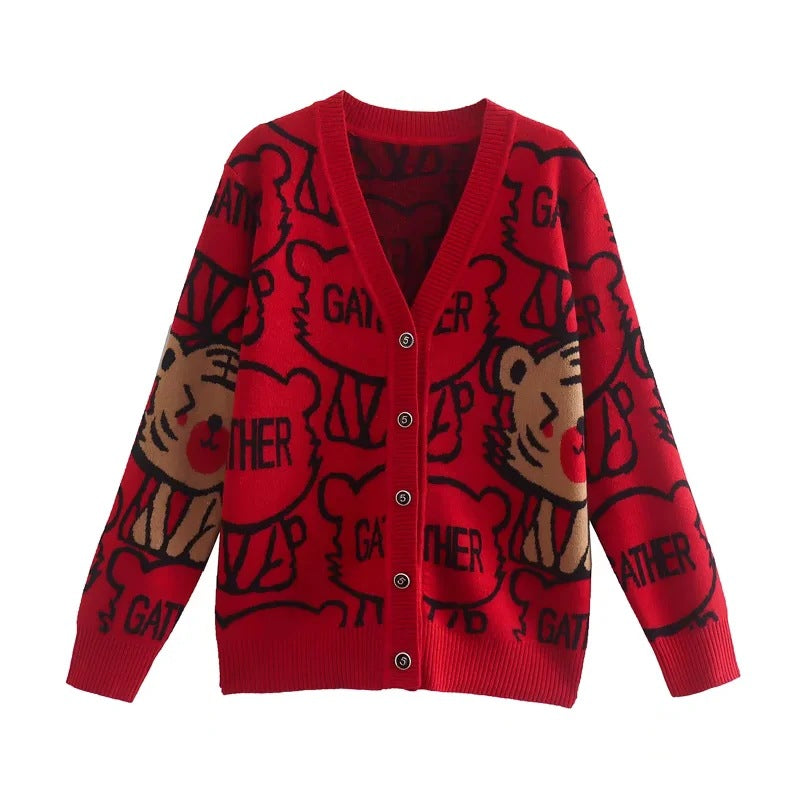 Cartoon Tiger Knitted Cardigan V neck Sweater