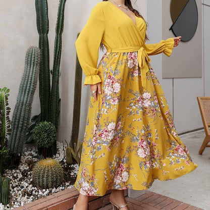 Plus Size Maxi Pullover Chiffon Printed Sexy V Neck Dress