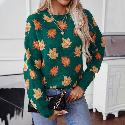 Maple Leaf Pattern Jacquard Pullover Sweater