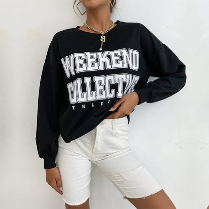 Womens Long Sleeve Letter Graphic Crew Neck Sweater