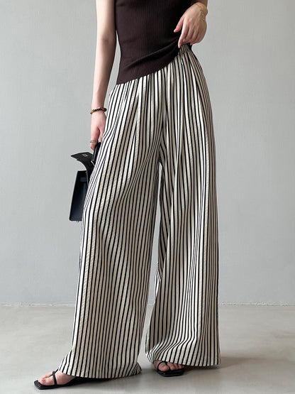 Korean Elastic Waist Striped Wide Leg Trousers