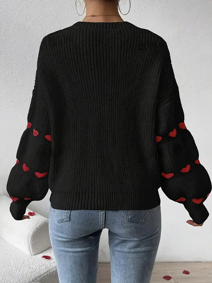 Solid Color Heart Jacquard Pullover Sweater