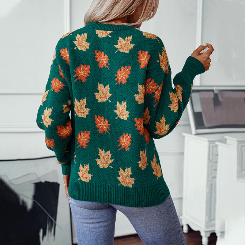 Maple Leaf Pattern Jacquard Pullover Sweater