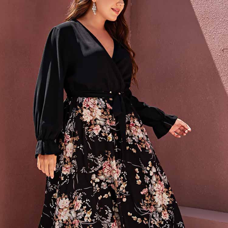 Plus Size Maxi Pullover Chiffon Printed Sexy V Neck Dress