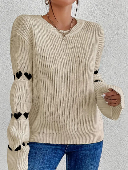 Solid Color Heart Jacquard Pullover Sweater