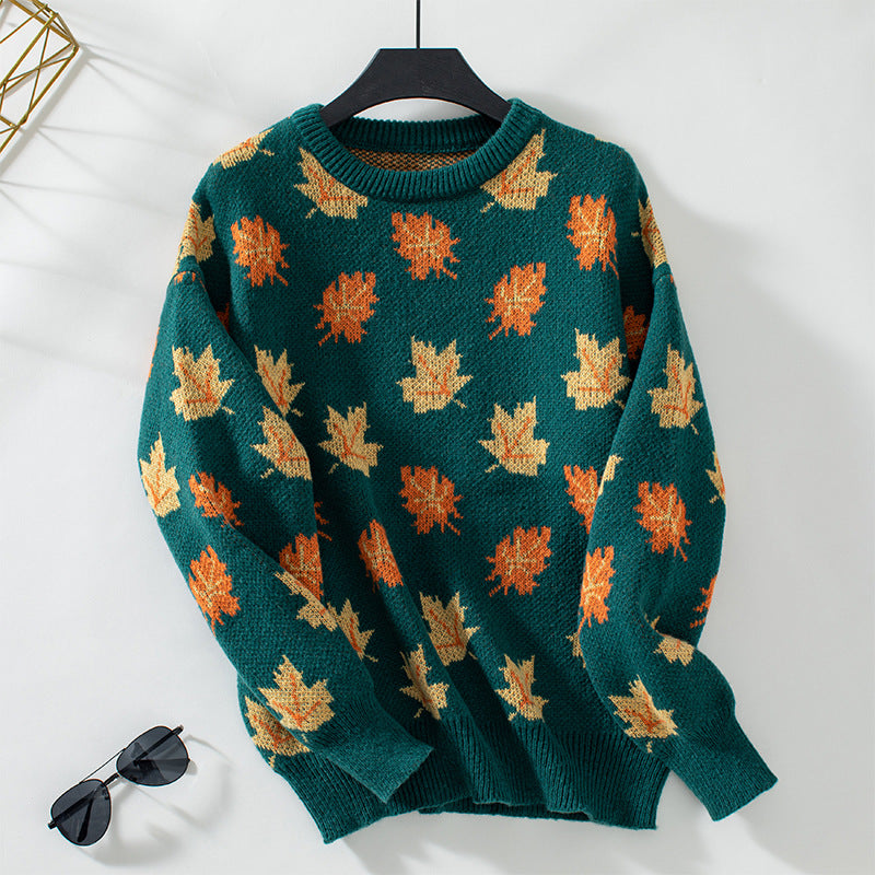 Maple Leaf Pattern Jacquard Pullover Sweater