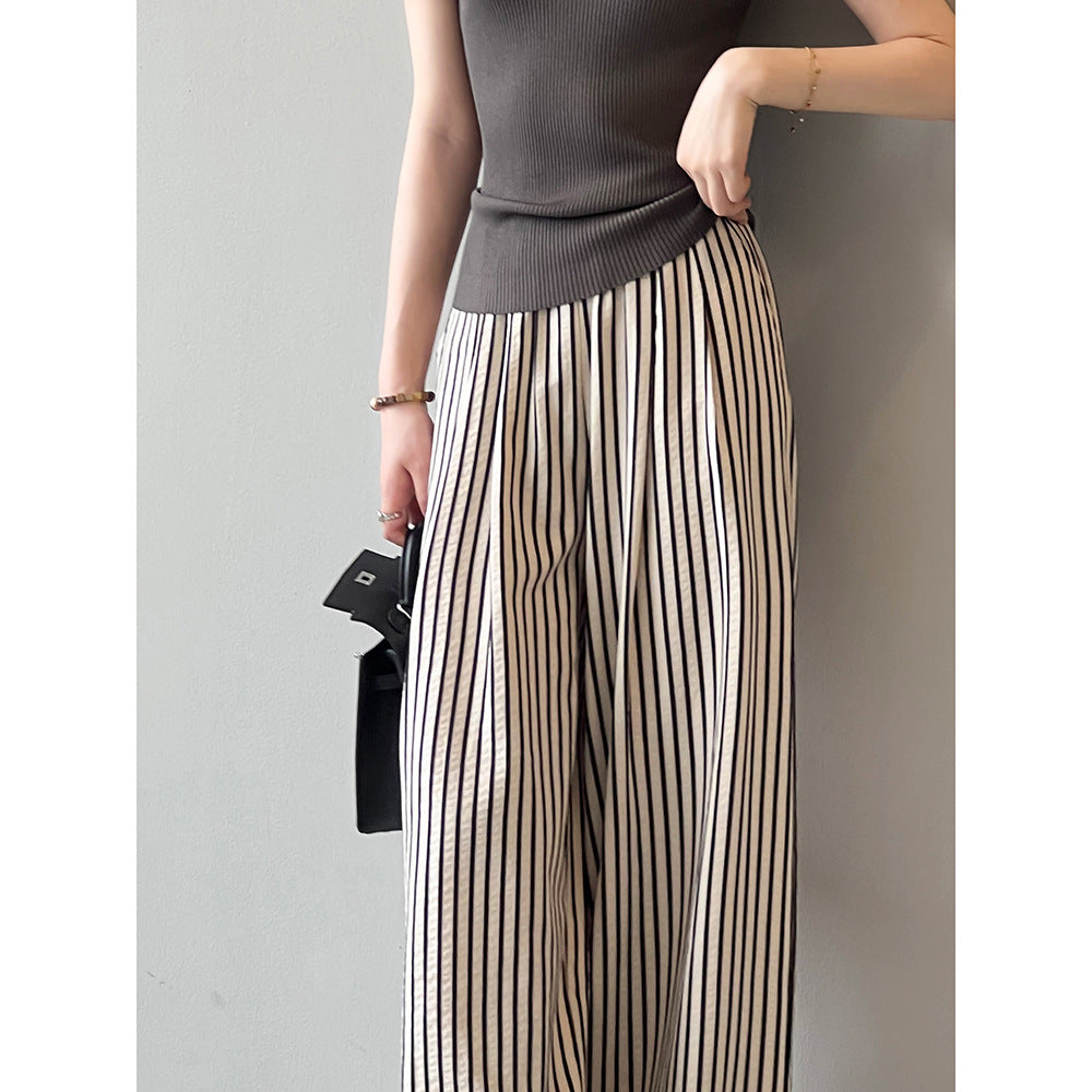 Korean Elastic Waist Striped Wide Leg Trousers