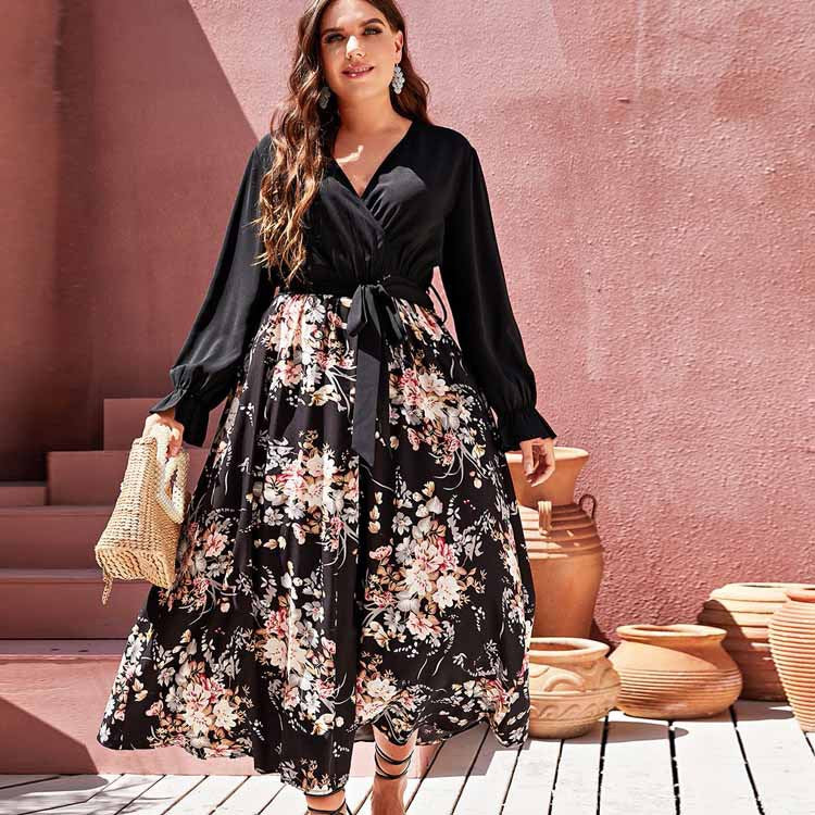 Plus Size Maxi Pullover Chiffon Printed Sexy V Neck Dress