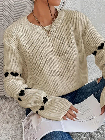 Solid Color Heart Jacquard Pullover Sweater