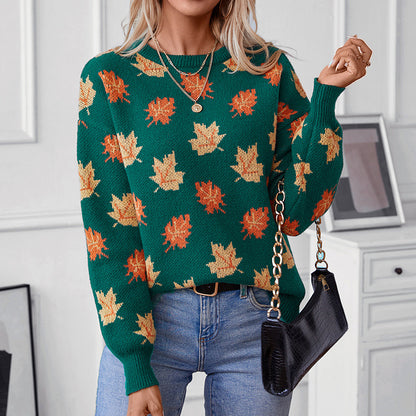 Maple Leaf Pattern Jacquard Pullover Sweater