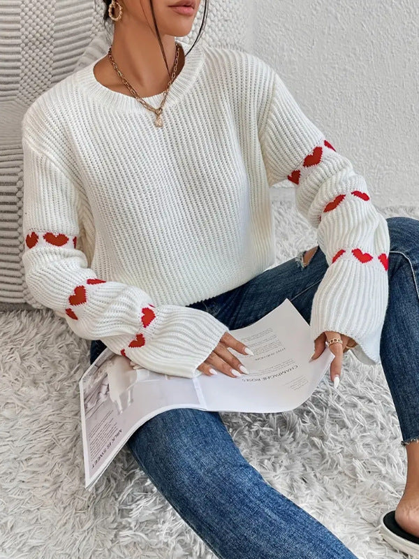 Solid Color Heart Jacquard Pullover Sweater