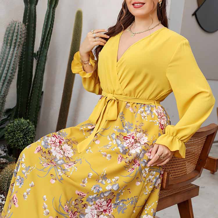 Plus Size Maxi Pullover Chiffon Printed Sexy V Neck Dress