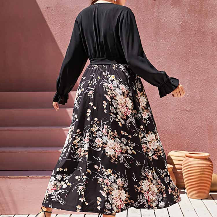 Plus Size Maxi Pullover Chiffon Printed Sexy V Neck Dress