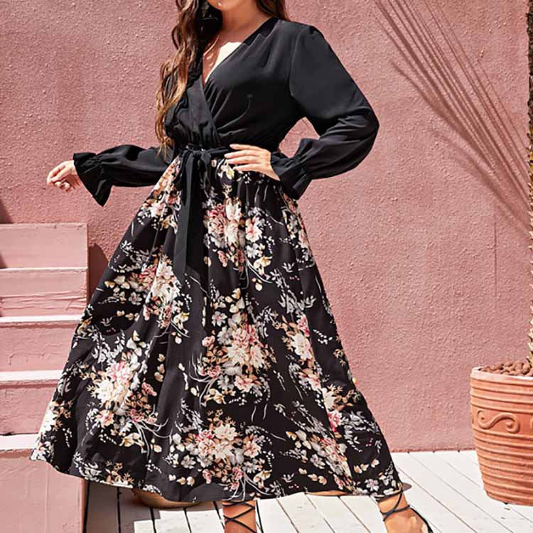 Plus Size Maxi Pullover Chiffon Printed Sexy V Neck Dress