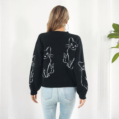 Cat Brocade Long Sleeve Sweater