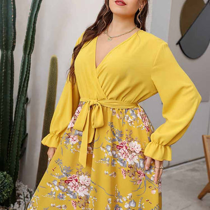 Plus Size Maxi Pullover Chiffon Printed Sexy V Neck Dress