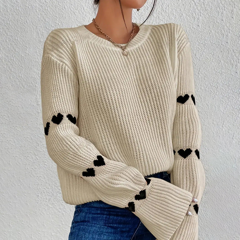 Solid Color Heart Jacquard Pullover Sweater