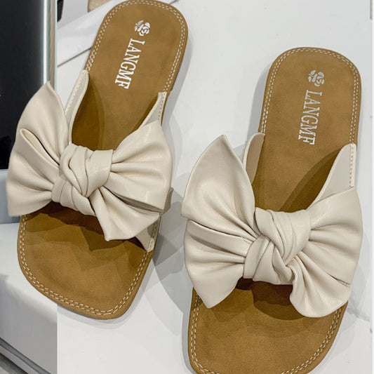 Bow PU Leather Flat Sandals