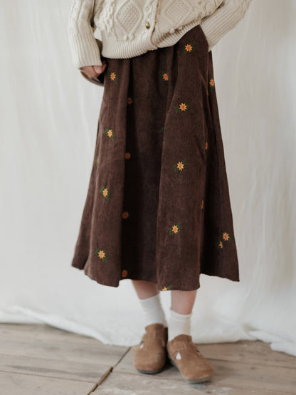 Vintage Corduroy Embroidery Floral High Waist Skirt