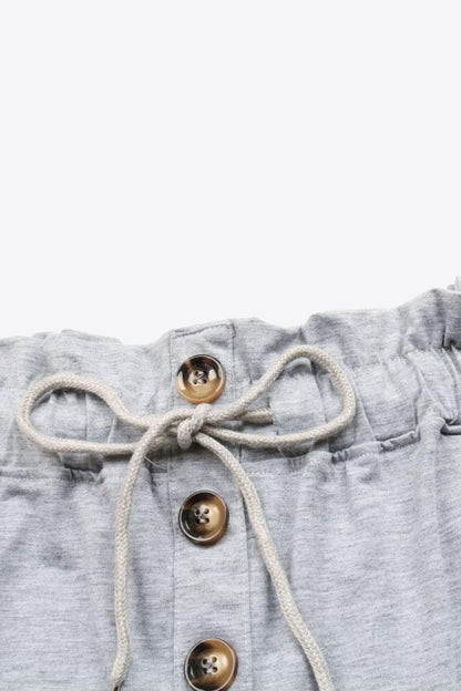 Buttoned Drawstring Waist Cuffed Shorts - SteelBlue