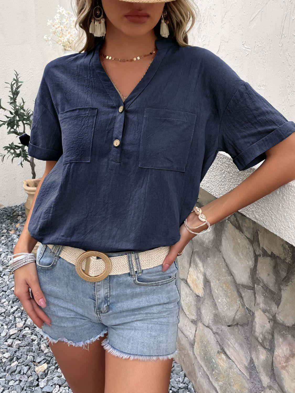 Buttoned Notched Neck Cuffed Sleeve Blouse - SteelBlue