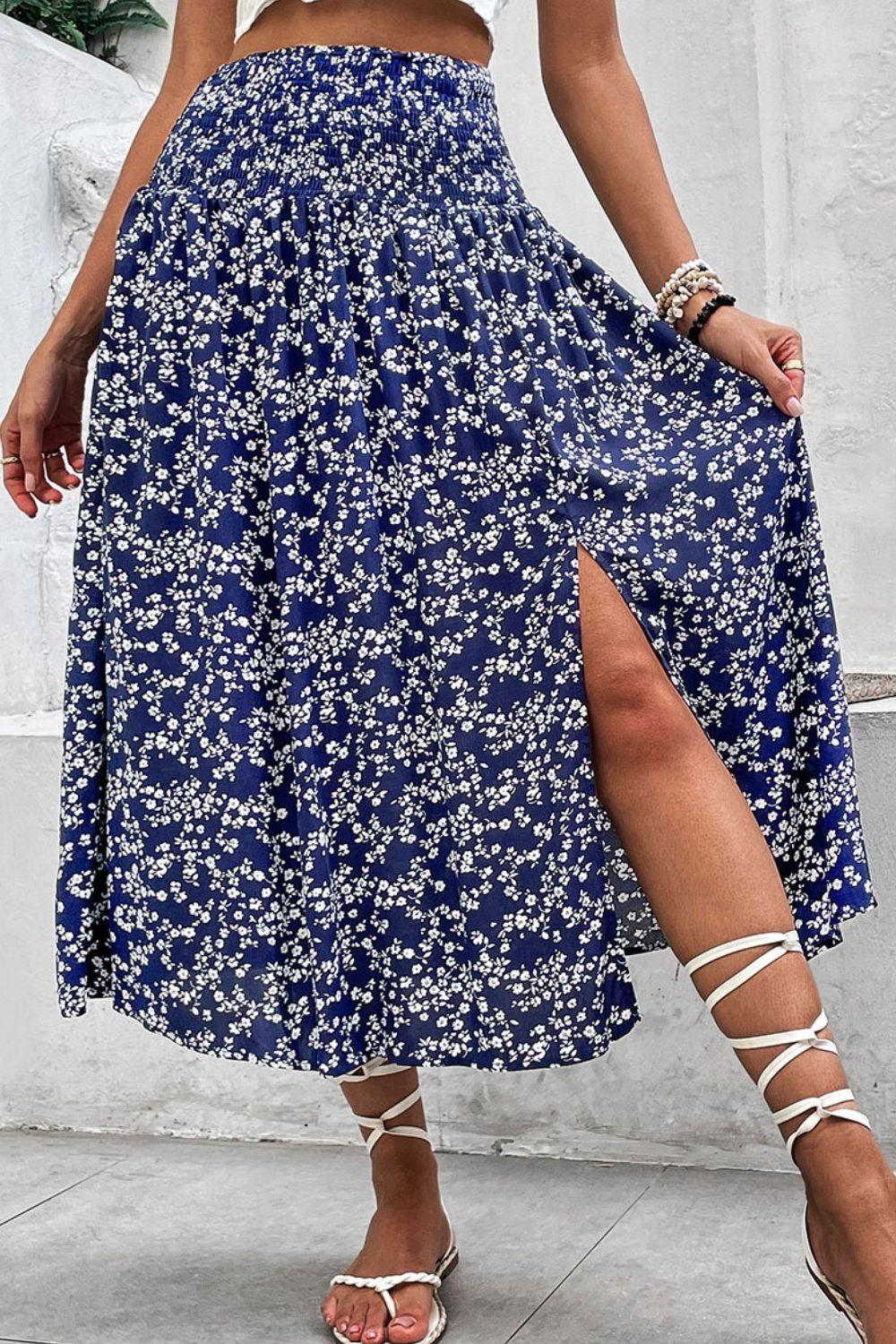 Ditsy Floral Slit High Waist Skirt - SteelBlue