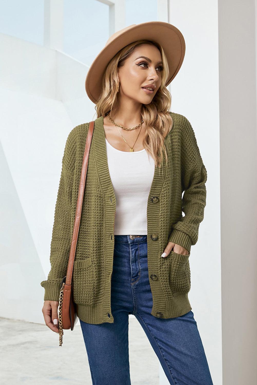 Drop Shoulder Button Down Pocketed Cardigan - SteelBlue