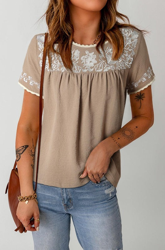 Embroidered Round Neck Short Sleeve Blouse - SteelBlue