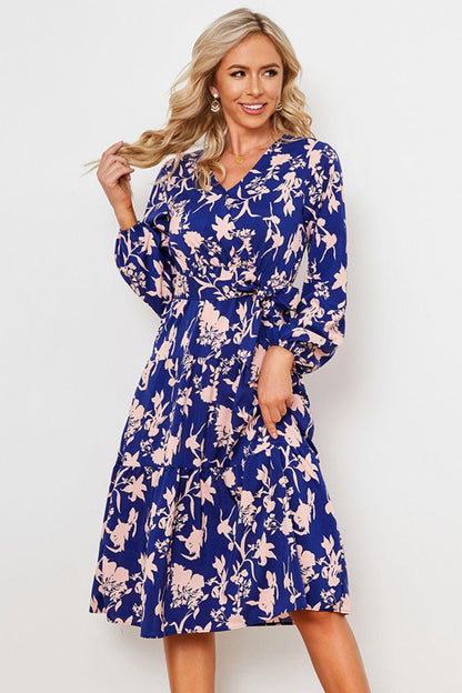 Floral Belted Tiered Midi Dress - SteelBlue