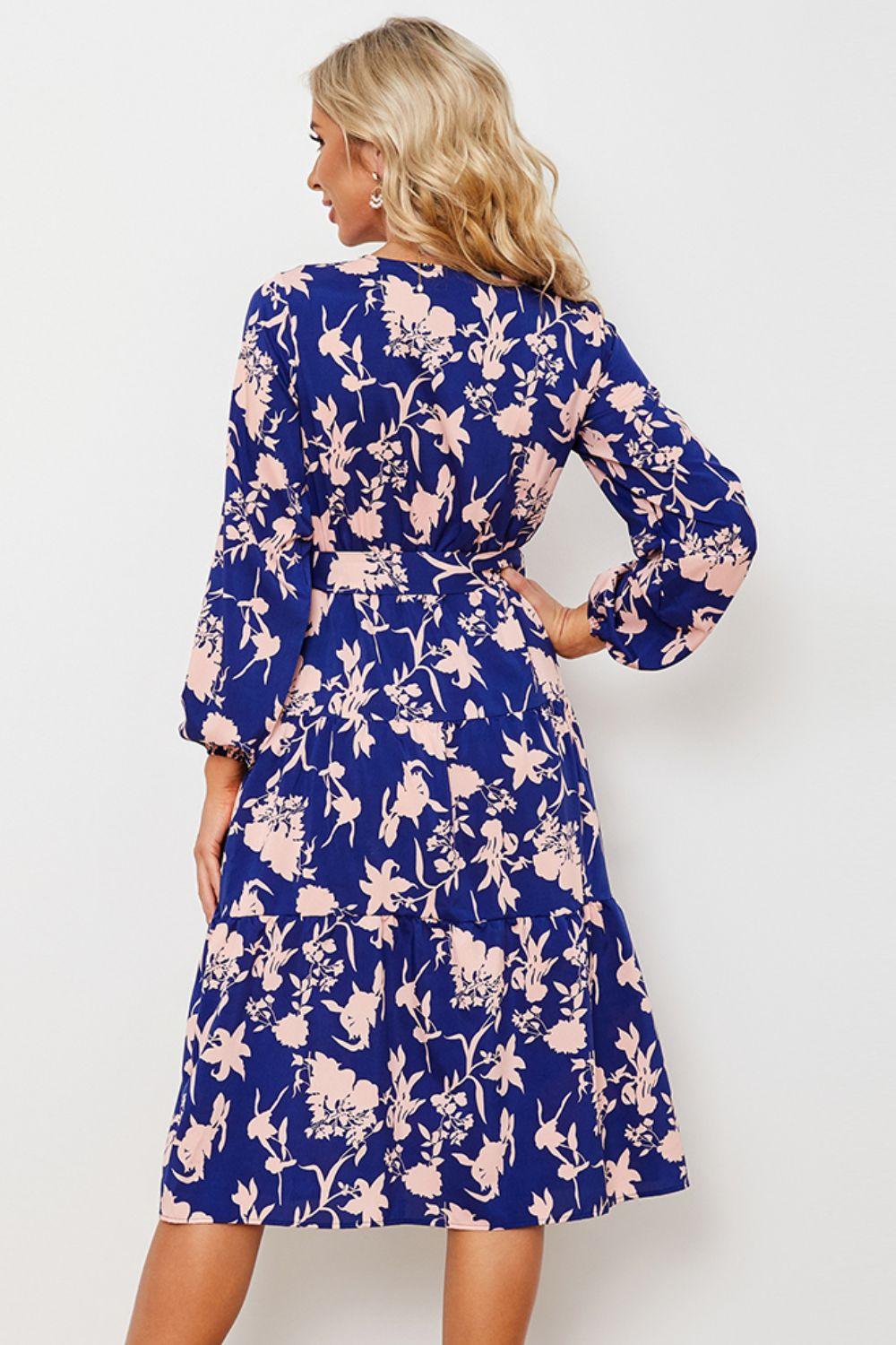 Floral Belted Tiered Midi Dress - SteelBlue