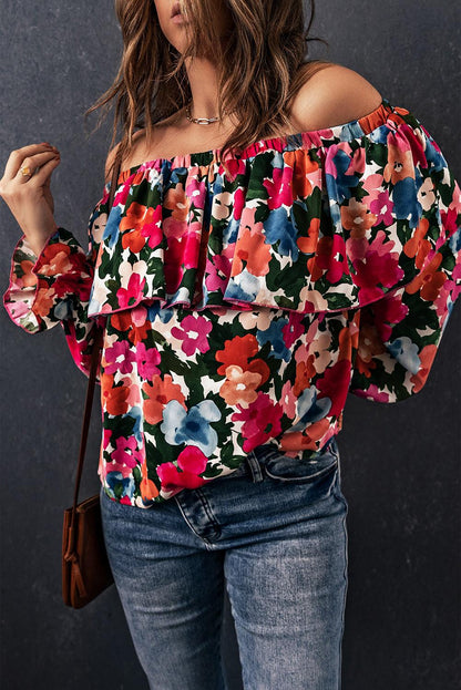 Floral Off-Shoulder Flounce Sleeve Layered Blouse - SteelBlue