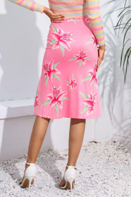 Floral Print Knee Length Skirt - SteelBlue
