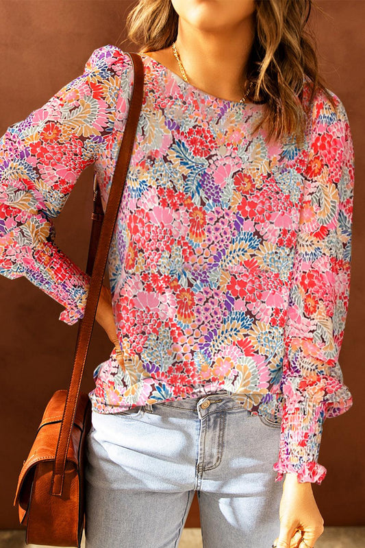 Floral Print Long Puff Sleeve Blouse - SteelBlue