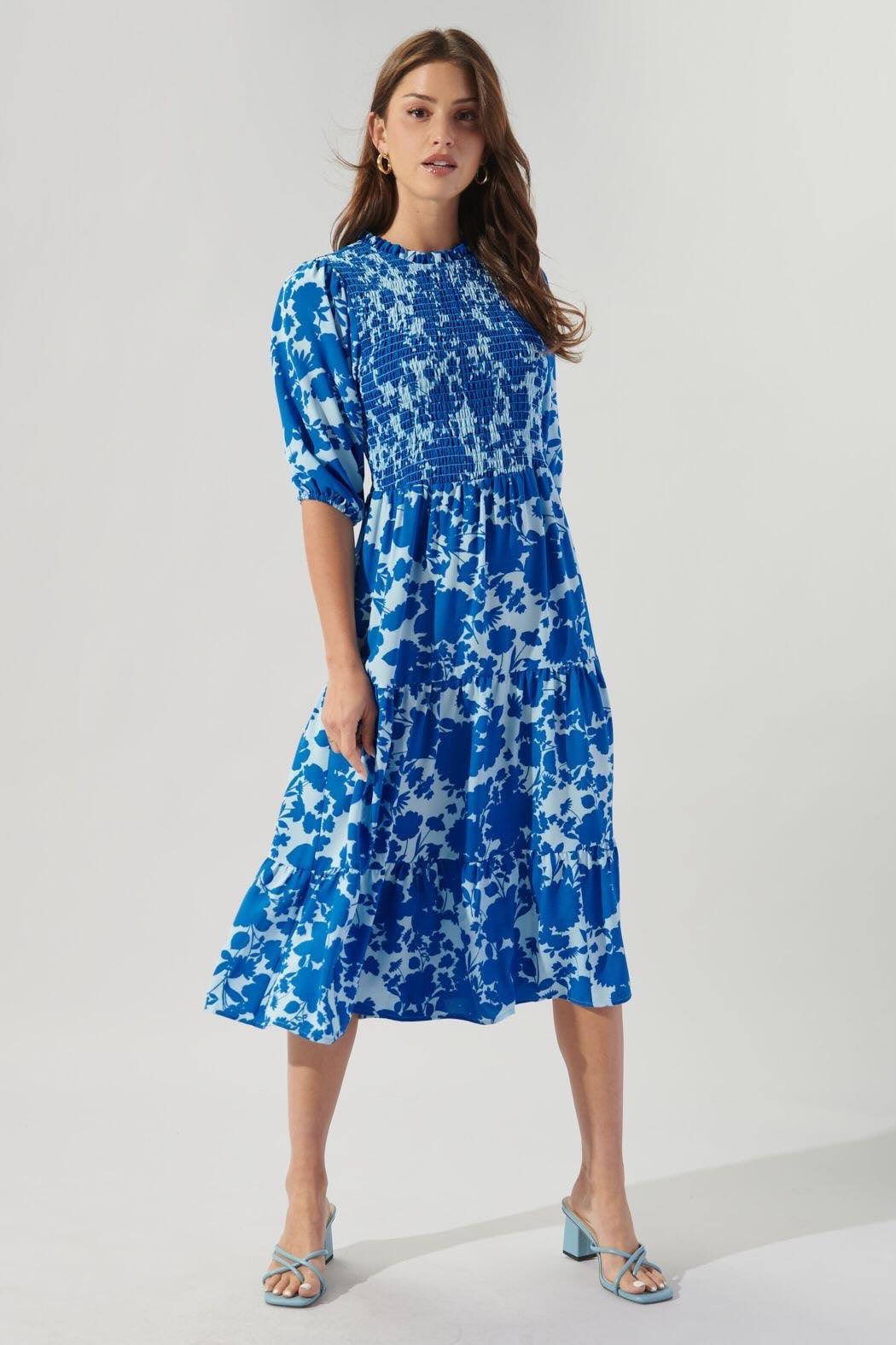 Floral Smocked Tiered Dress - SteelBlue